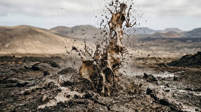 A dynamic mud geyser erupts from cracked earth, illustrating the dramatic impact of frozen soil crack climate change on a barren volcanic landscape under an overcast sky
