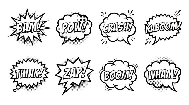 Set of comic book speech bubbles with sound effects isolated on transparent background