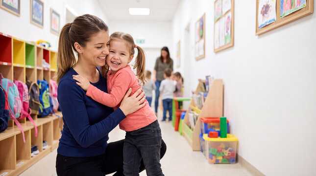 Woman embraces young girl in colorful preschool hallway with children playing and educational artwork displayed on the walls