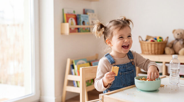 Young girl with pigtails enjoys snacks from a bowl while seated at a table in a bright, child-friendly room with books and toys