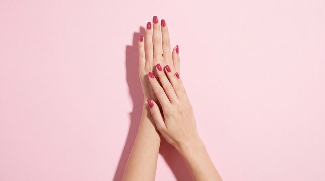 Close-up of manicured hands with pink nail polish against a soft pink background, showcasing elegant and stylish nail art design