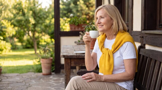 Mature woman enjoys coffee on a wooden bench outside a rustic house surrounded by greenery and potted plants in a sunny garden setting