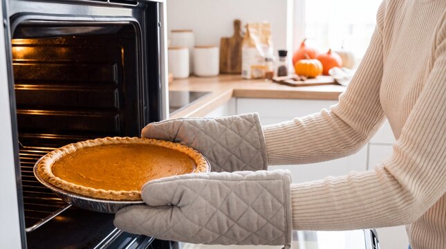 Woman in kitchen wearing oven mitts removes pumpkin pie from oven, with autumn decorations and kitchenware visible in the background