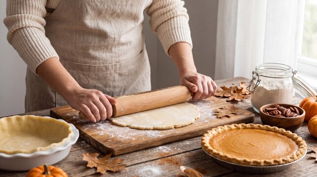 Woman rolling dough for pumpkin pie preparation on wooden table with autumn decorations and baking ingredients in a cozy kitchen setting