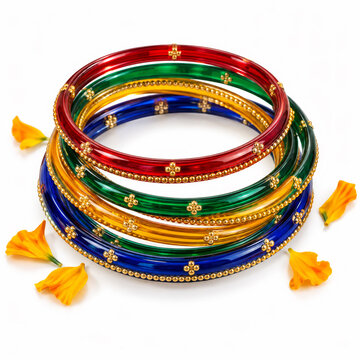 Colorful glass bangles with golden ornaments stacked on white background with yellow flower petals. Traditional Indian jewelry for Navratri festival celebration.