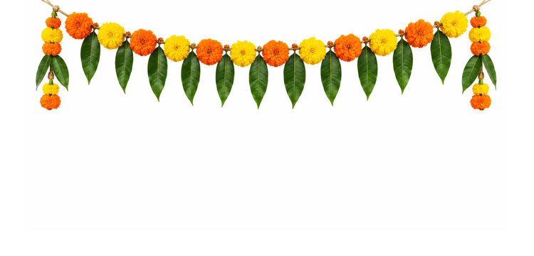 Traditional Indian marigold flower garland with mango leaves hanging on white background. Orange and yellow floral toran decoration for festival.