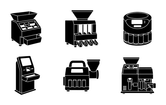 Collection of black coin counting and sorting machine silhouettes