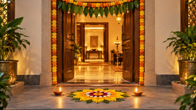Decorated Indian home entrance with marigold flower garlands, mango leaf toran and floral rangoli at doorway. Lit diya oil lamps adorn the threshold during festive celebration.