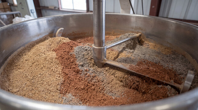 Industrial mixer blending various dry powders inside a large stainless steel container, creating a uniform mixture for commercial production and material processing applications