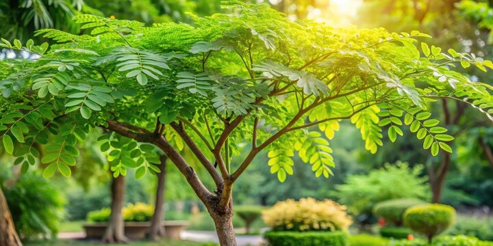 Moringa tree with large leaves and branches in a tropical garden, nature scenes