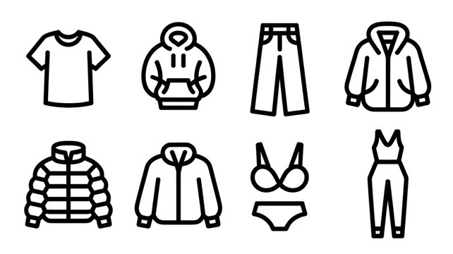 Icons for clothing and fashion lines. Flat basic vector images of an oversized t-shirt, hoodie, wide-leg jeans, puffer jacket, bra, and jumpsuit. basic outline signals. 