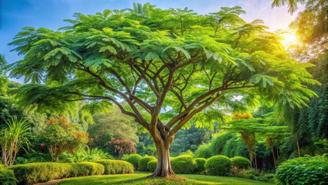 Moringa tree with large leaves and branches in a tropical garden, nature scenes