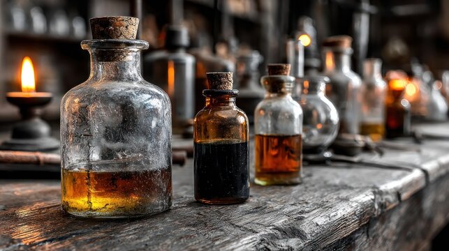 Vintage bottles on wooden shelf.