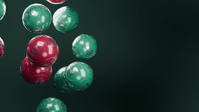 Lottery balls seamless loop red green jackpot numbered spheres floating rotate through a dark emerald scene with glossy reflections for promotions bingo events gaming broadcasts and prize campaigns