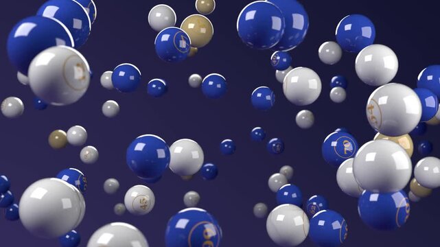 Lottery balls seamless loop blue white gold floating jackpot background shows glossy numbered spheres moving through deep space with depth for promos bingo events gaming broadcasts and prize draws