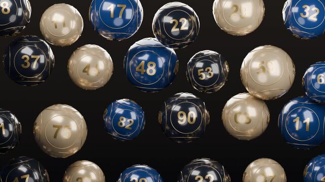Luxury lottery balls seamless loop blue black gold numbered spheres form an elegant repeating pattern with polished reflections for premium casino promotions jackpot events and gaming broadcasts