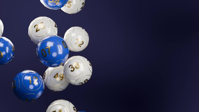Lottery balls seamless loop blue white gold jackpot numbers floating drift through a dark navy scene with generous copy space for promotions gaming broadcasts prize draws and casino campaigns
