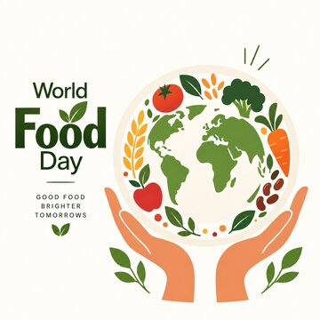 World food day illustration with human hands holding globe formed by variety of fresh vegetables