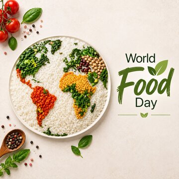 World food day flat lay composition showing global food map made of rice lentils grains