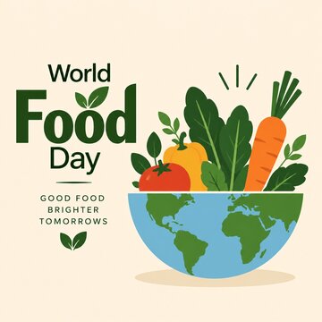 World food day design featuring bowl shaped like earth filled with various vegetables and fresh