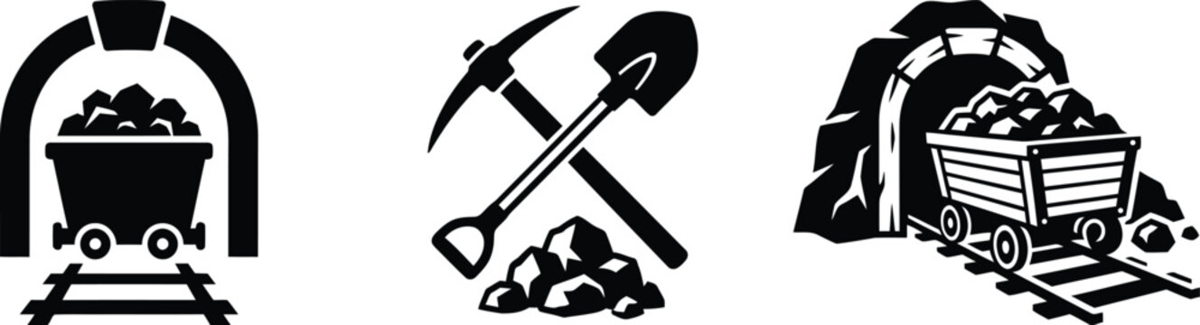 Mining Industry Icon Set - Mine Cart, Pickaxe and Coal Extraction Tool Silhouettes