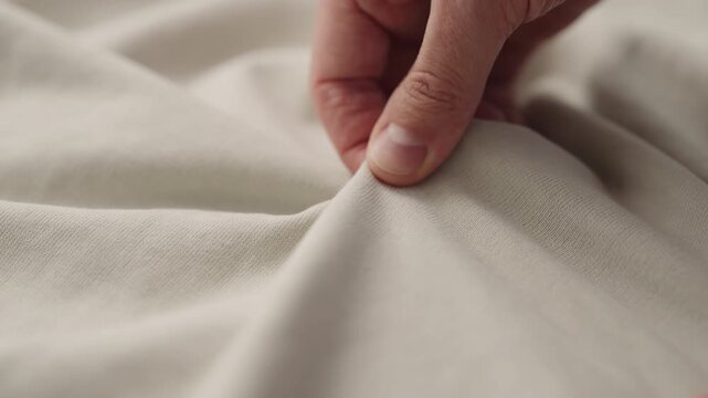 Slow motion man manually check ivory color cotton fabric for clothing with hands