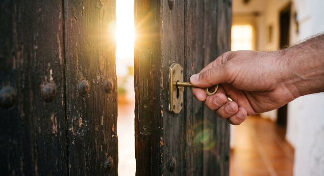 Hand inserting key into rustic wooden door with sunlight shining through