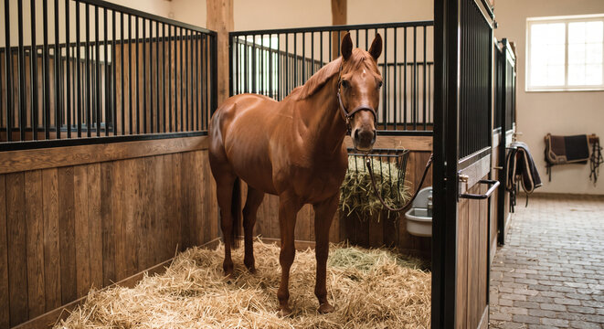 Brown horse standing inside stable with straw bedding and wooden walls