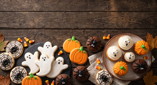 Halloween-themed cookies and cupcakes with pumpkins and ghosts on wooden table