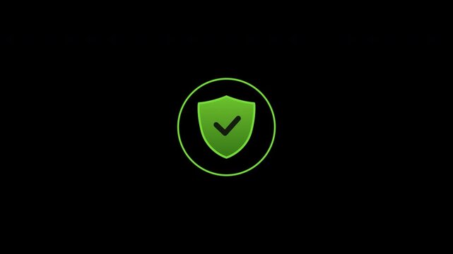 Green shield security icon animation, cyber safety symbol, digital protection and verification circle checkmark