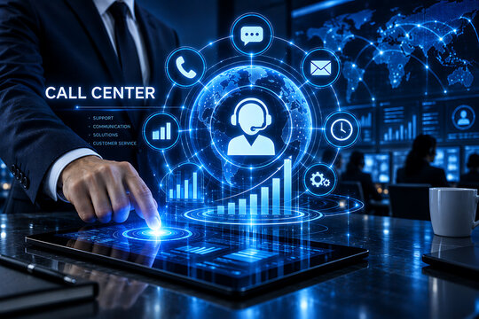 Call center concept with illuminated globe and digital interface on a tablet