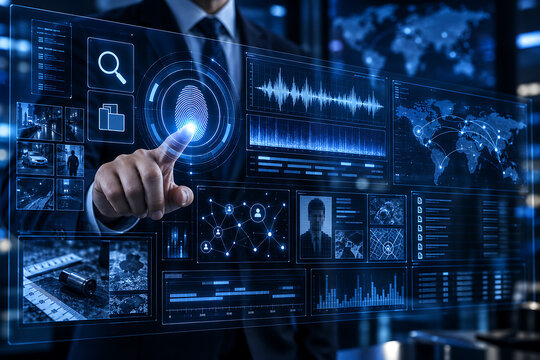 Man interacting with digital interface displaying fingerprint scan and data visualization
