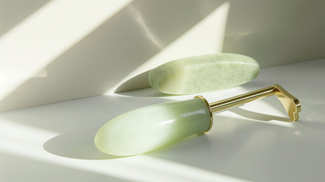 Jade facial massager tool on a minimalist background
