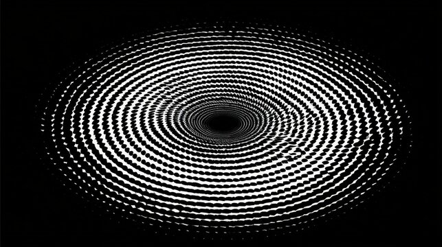 Abstract concentric black and white circles create a hypnotic spiral pattern. This geometric background is perfect for modern design and technology presentations.