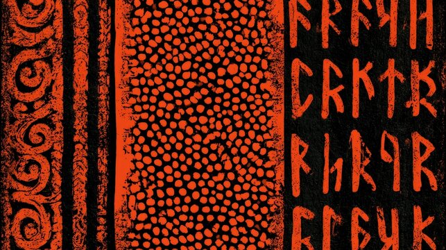 Ancient stone wall with carved runic alphabet and tribal decorative patterns in vibrant orange. Use for historical design projects or mystical spiritual backgrounds.