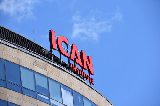 ICAN institute facade with signage on the facade, business and management trainings. WARSAW, POLAND - AUGUST 8, 2026
