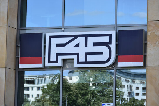 F45 Training fitness center with signage, emblem, logo on the facade. WARSAW, POLAND - AUGUST 8, 2026