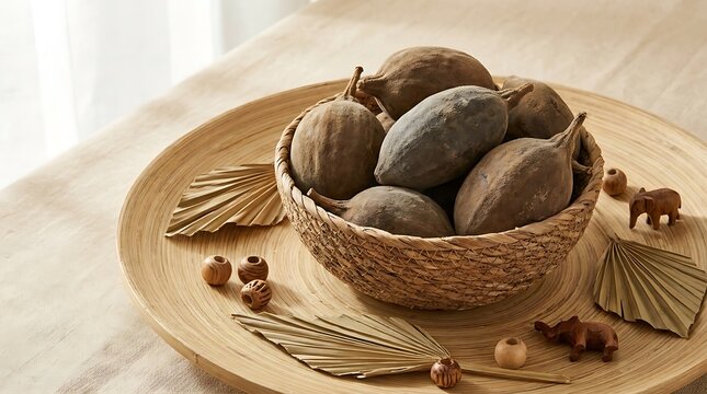 Fresh black sapote fruits in a woven basket on a wooden table with dried palm leaves and wooden decor. baobab fruit bowl