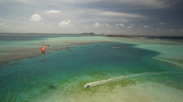Aerial view of kitesurfers in Los Roques archipelago, Venezuela.