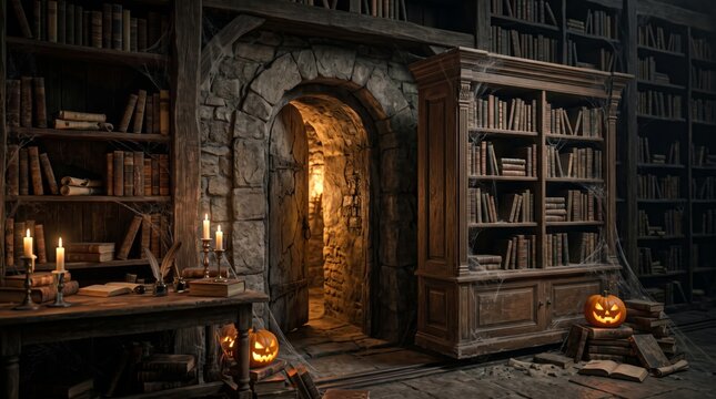 Secret stone doorway behind an antique bookcase in a candlelit Halloween library with pumpkins and cobwebs