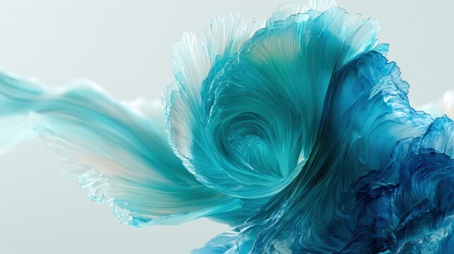 An abstract swirling wave of translucent blue petals cascades with soft lighting. Elegant concept for luxury cosmetic branding or modern tech wallpapers.