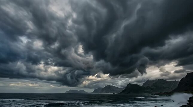 Dark storm clouds moving over coastal mountains timelapse