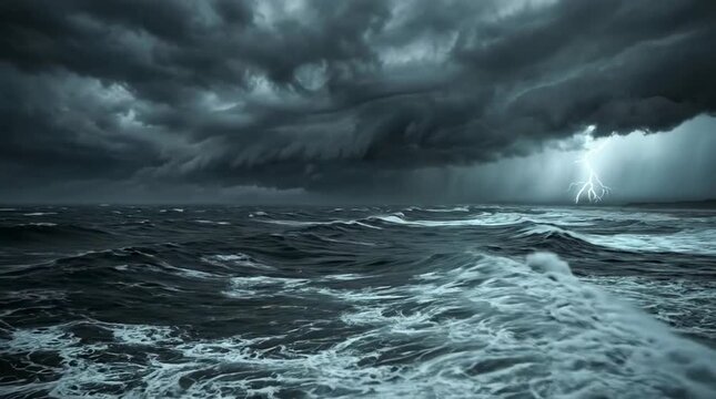 Dark stormy ocean with lightning and crashing waves