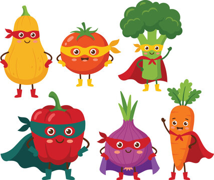 Cute vegetable superhero characters collection wearing capes and masks including tomato broccoli carrot bell pepper vector illustration