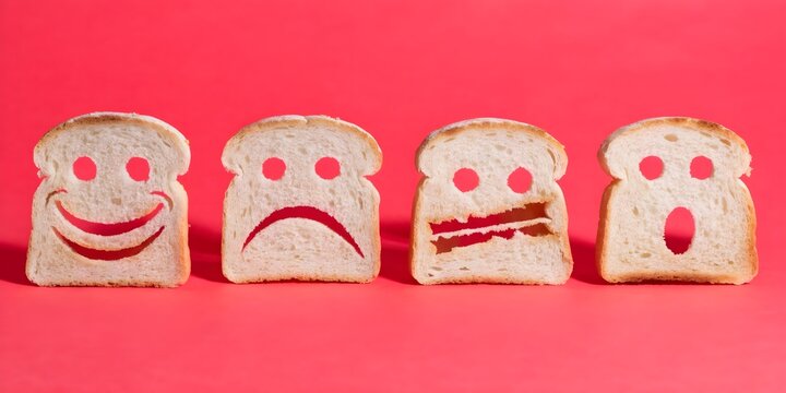 Toast slices with expressive faces showing different emotions, emotional expression and mood concept