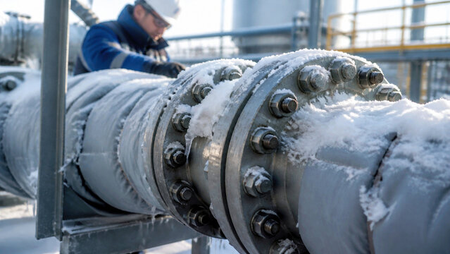 Frozen industrial pipeline with worker maintenance