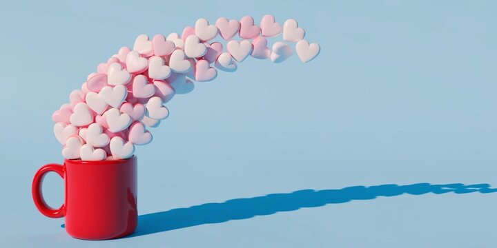 Pink heart-shaped clouds rising from a red cup, love, hope and positive emotions concept