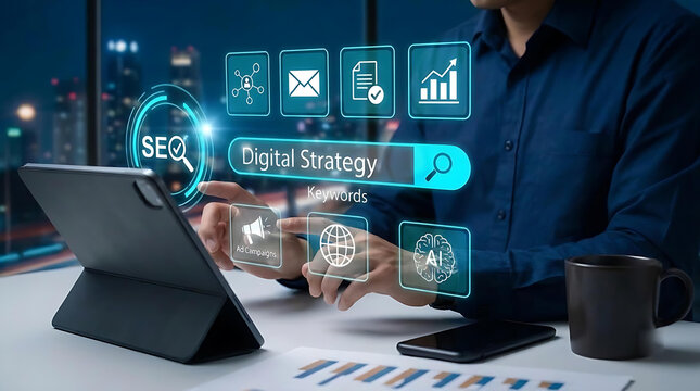 Digital Marketing Strategy Dashboard with SEO Analytics, Search Engine Optimization, Online Advertising, Content Marketing, Business Growth and Data Driven Marketing Technology Concept