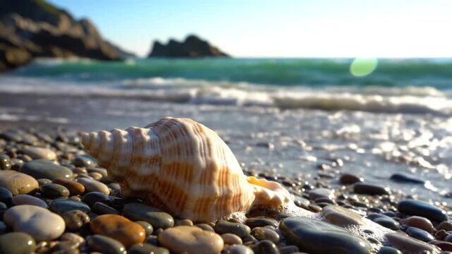 Waves gently wash over a beautiful seashell resting on a pebble beach with a sunny, bright backdrop
