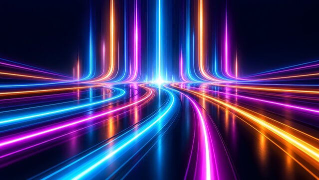 Multiple sweeping neon light trails in blue and magenta curving upwards across a dark floor, depicting vast digital bandwidth and ultra-fast internet traffic